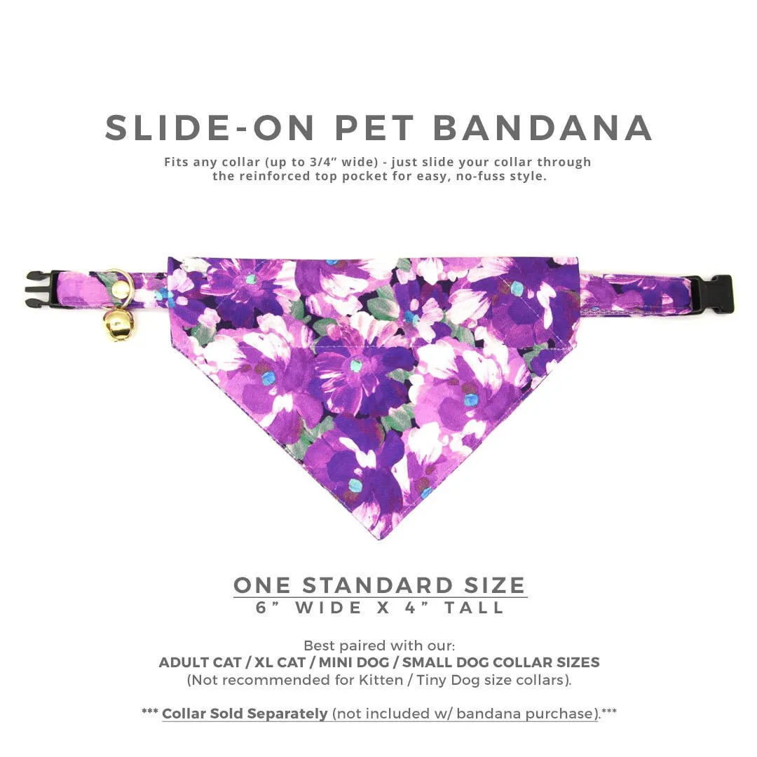Pet Bandana - "Persephone" - Painterly Floral Purple Bandana for Cat   Small Dog / Wedding, Violet, Pansies / Slide-on Bandana / Over-the-Collar (One Size)