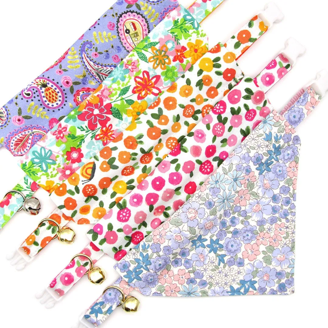Pet Bandana - "Willow" - Light Pink, Blue & Purple Floral Bandana for Cat Collar or Small Dog Collar / Slide-on Bandana / Over-the-Collar (One Size)