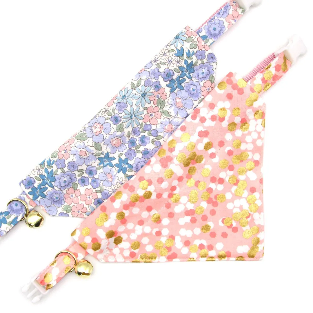 Pet Bandana - "Willow" - Light Pink, Blue & Purple Floral Bandana for Cat Collar or Small Dog Collar / Slide-on Bandana / Over-the-Collar (One Size)
