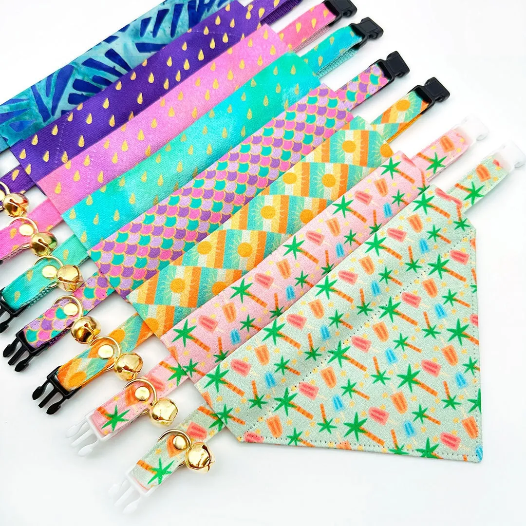Popsicle Cat Bandana - "Palms & Popsicles - Pink" - Palm Tree Tropical Bandana for Cat   Small Dog / Summer, Ice Cream / Slide-On Over the Collar Bandana