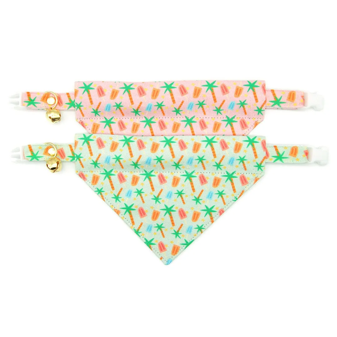 Popsicle Cat Bandana - "Palms & Popsicles - Pink" - Palm Tree Tropical Bandana for Cat   Small Dog / Summer, Ice Cream / Slide-On Over the Collar Bandana