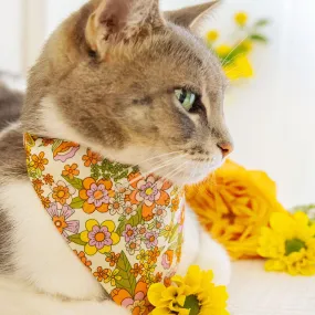 Retro Cat Bandana - "Groovy Garden" - Yellow 60s Floral Bandana for Cat   Small Dog / Fall, Spring, Summer / Slide-On Over the Collar Bandana