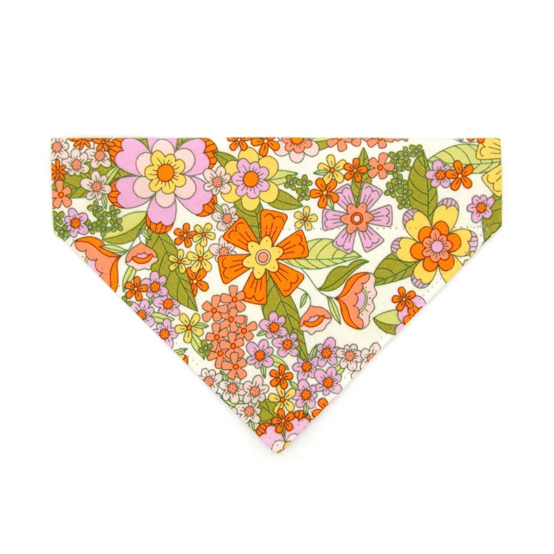 Retro Cat Bandana - "Groovy Garden" - Yellow 60s Floral Bandana for Cat   Small Dog / Fall, Spring, Summer / Slide-On Over the Collar Bandana
