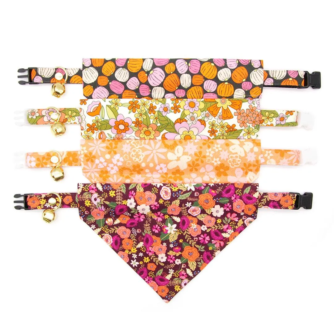 Retro Cat Bandana - "Groovy Garden" - Yellow 60s Floral Bandana for Cat   Small Dog / Fall, Spring, Summer / Slide-On Over the Collar Bandana