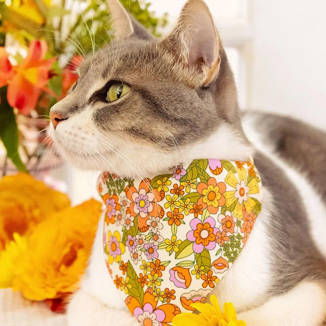 Retro Cat Bandana - "Groovy Garden" - Yellow 60s Floral Bandana for Cat   Small Dog / Fall, Spring, Summer / Slide-On Over the Collar Bandana