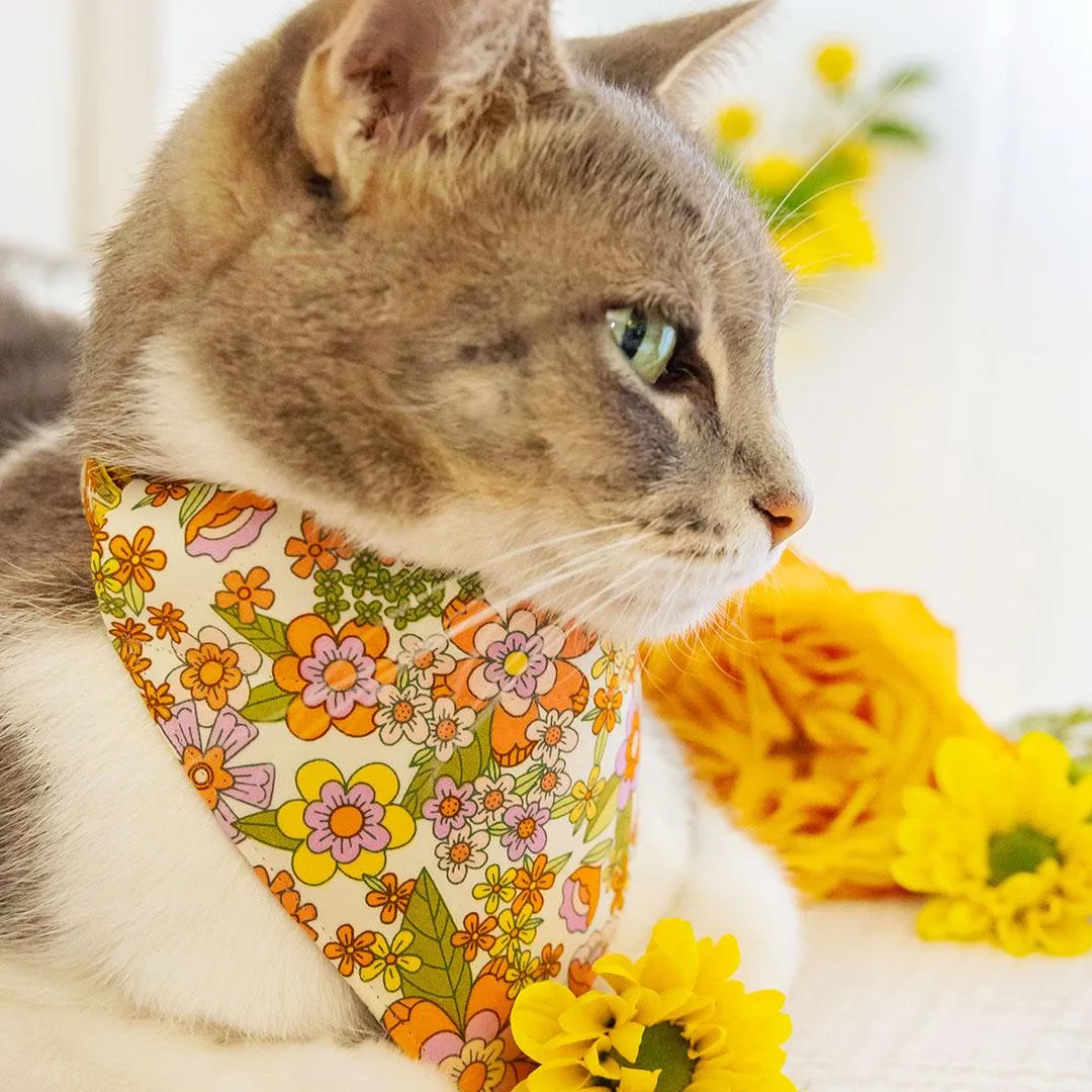 Retro Cat Bandana - "Groovy Garden" - Yellow 60s Floral Bandana for Cat   Small Dog / Fall, Spring, Summer / Slide-On Over the Collar Bandana