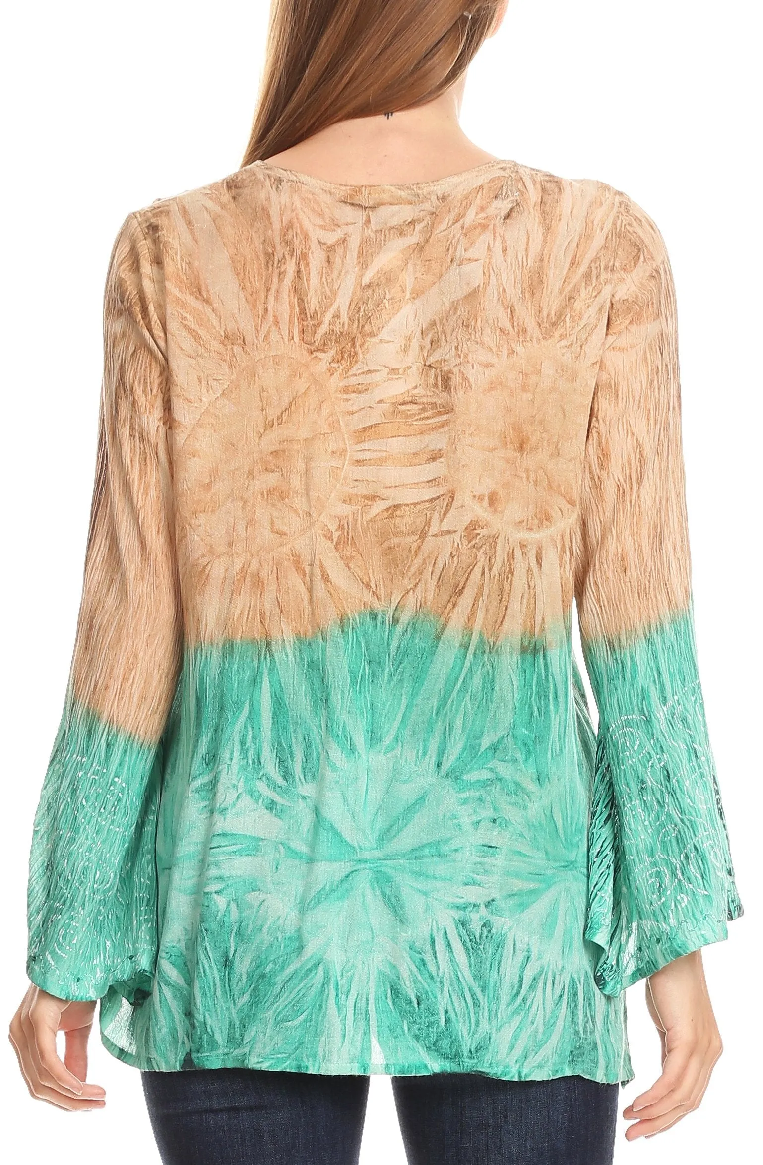 Sakkas Janel Long Bell Sleeve Tie Dye Blouse with Sequins and Embroidery