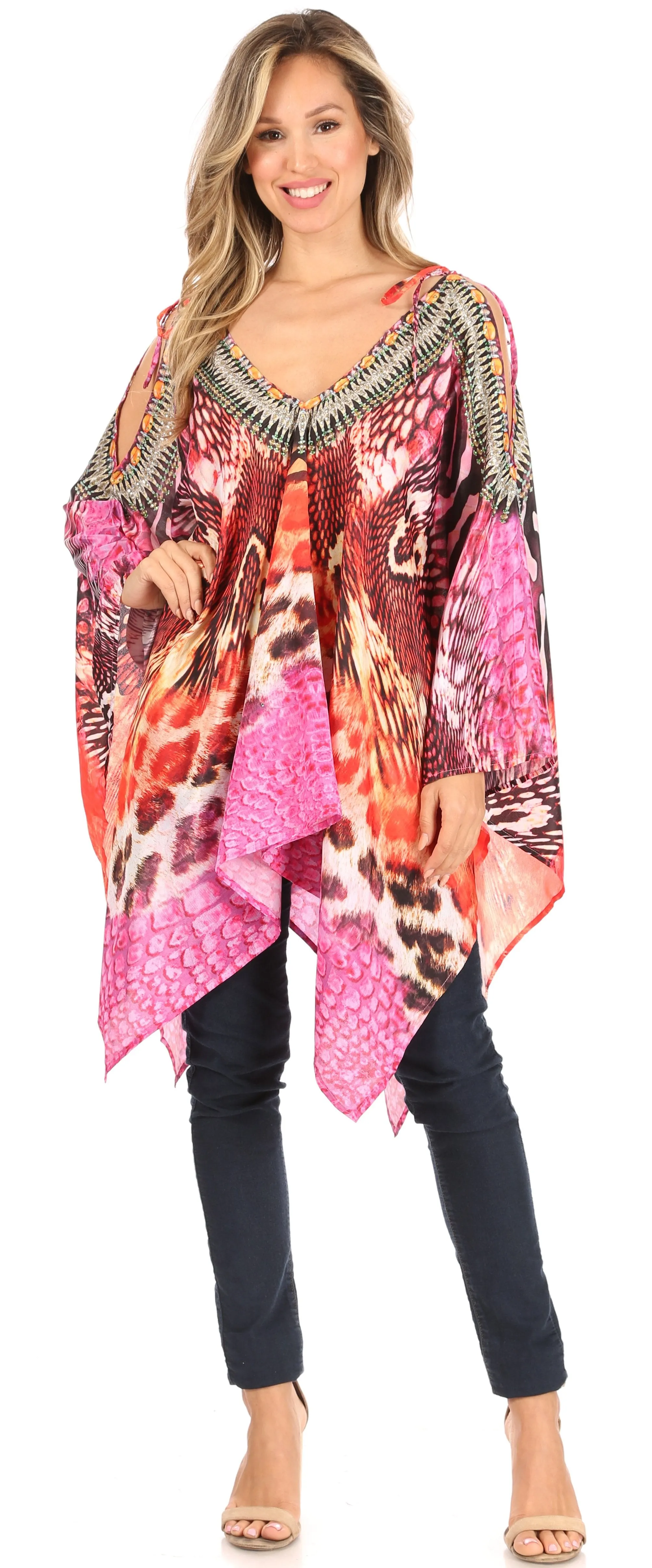 Sakkas Zula Sleeveless Asymetrical Top Blouse with Colorful Print and Rhinestones