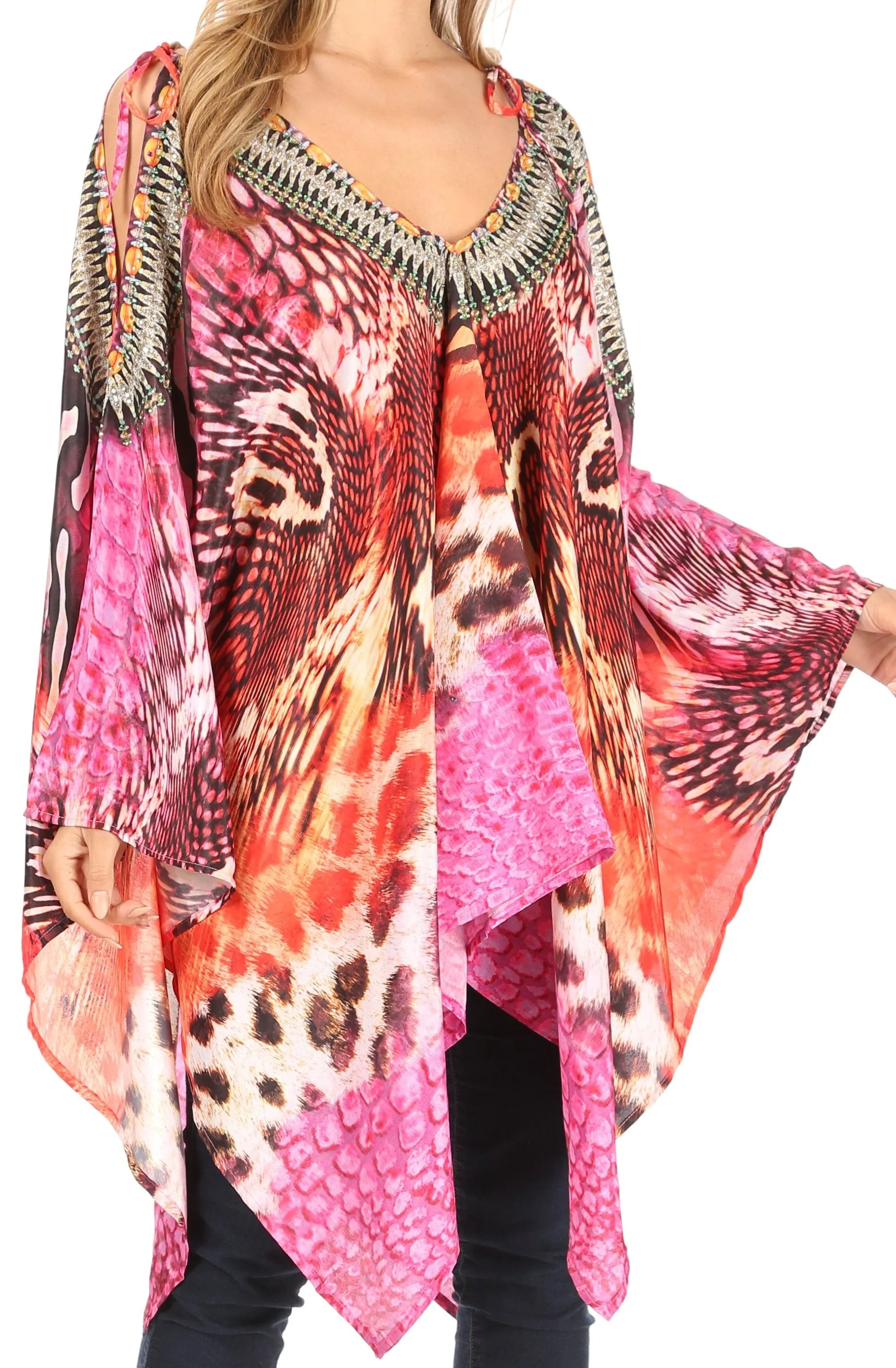 Sakkas Zula Sleeveless Asymetrical Top Blouse with Colorful Print and Rhinestones