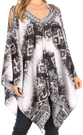 Sakkas Zula Sleeveless Asymetrical Top Blouse with Colorful Print and Rhinestones