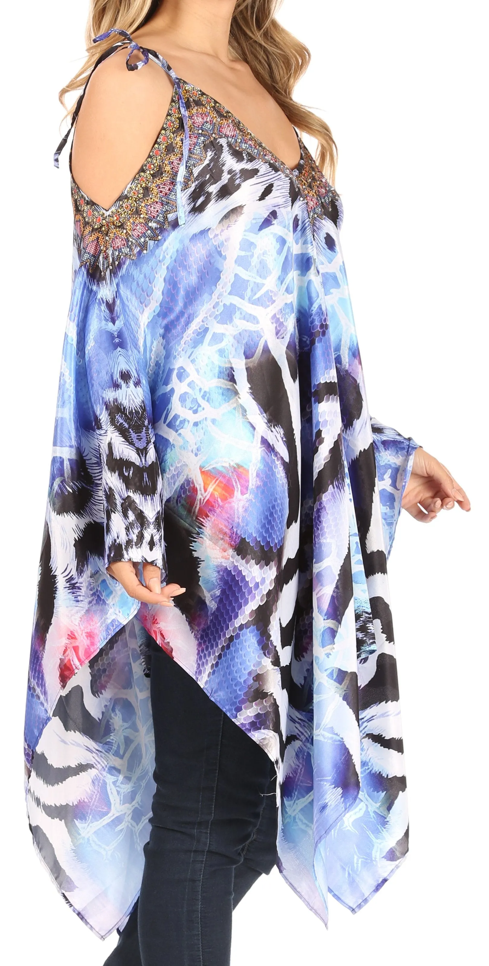 Sakkas Zula Sleeveless Asymetrical Top Blouse with Colorful Print and Rhinestones