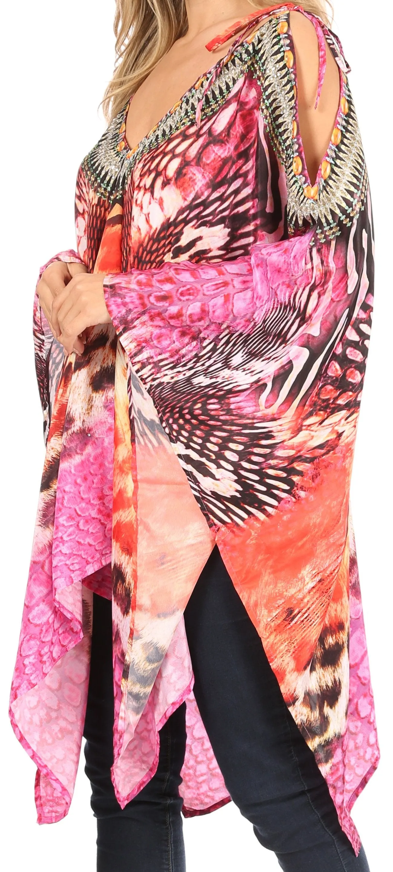 Sakkas Zula Sleeveless Asymetrical Top Blouse with Colorful Print and Rhinestones