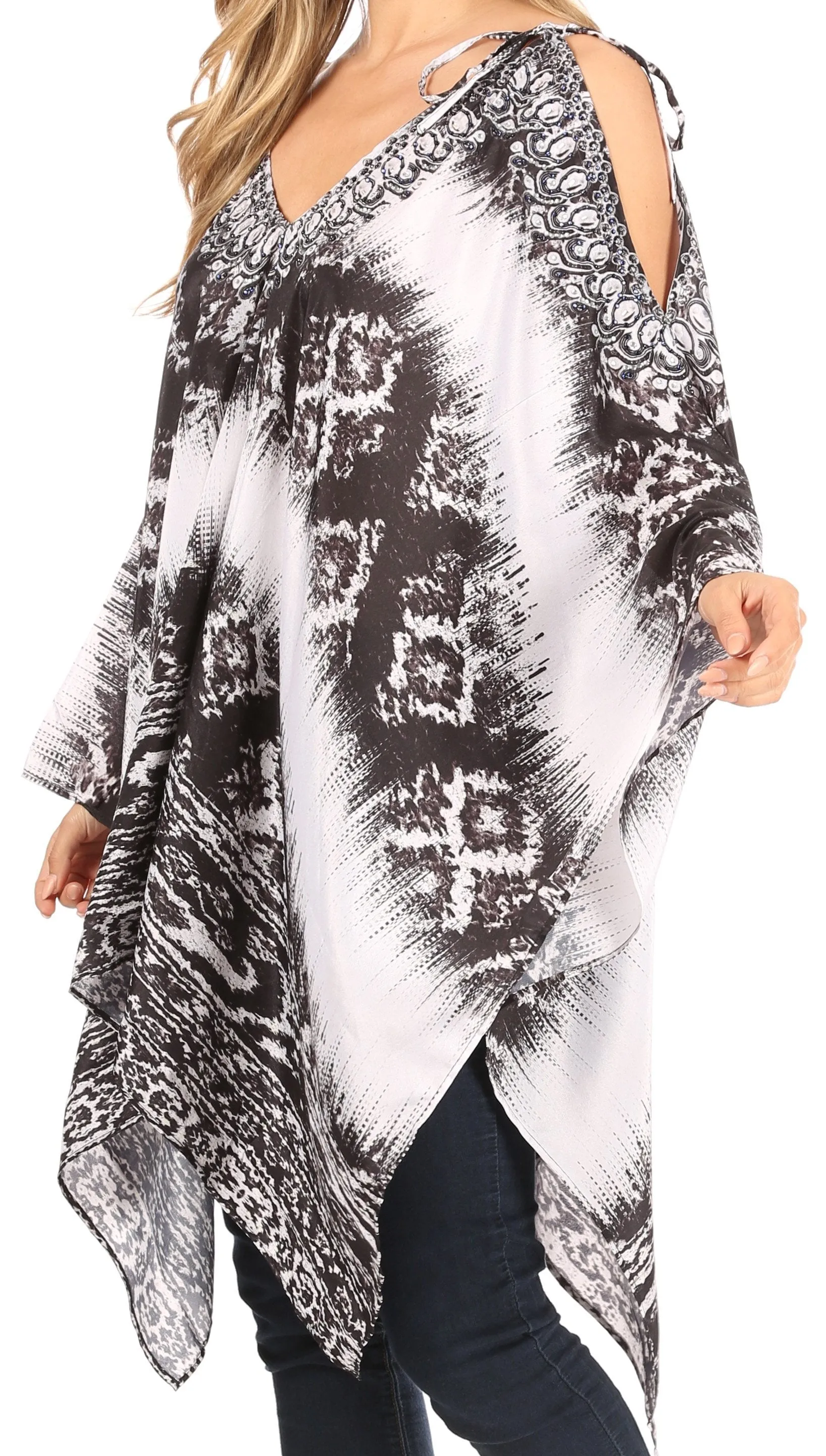 Sakkas Zula Sleeveless Asymetrical Top Blouse with Colorful Print and Rhinestones