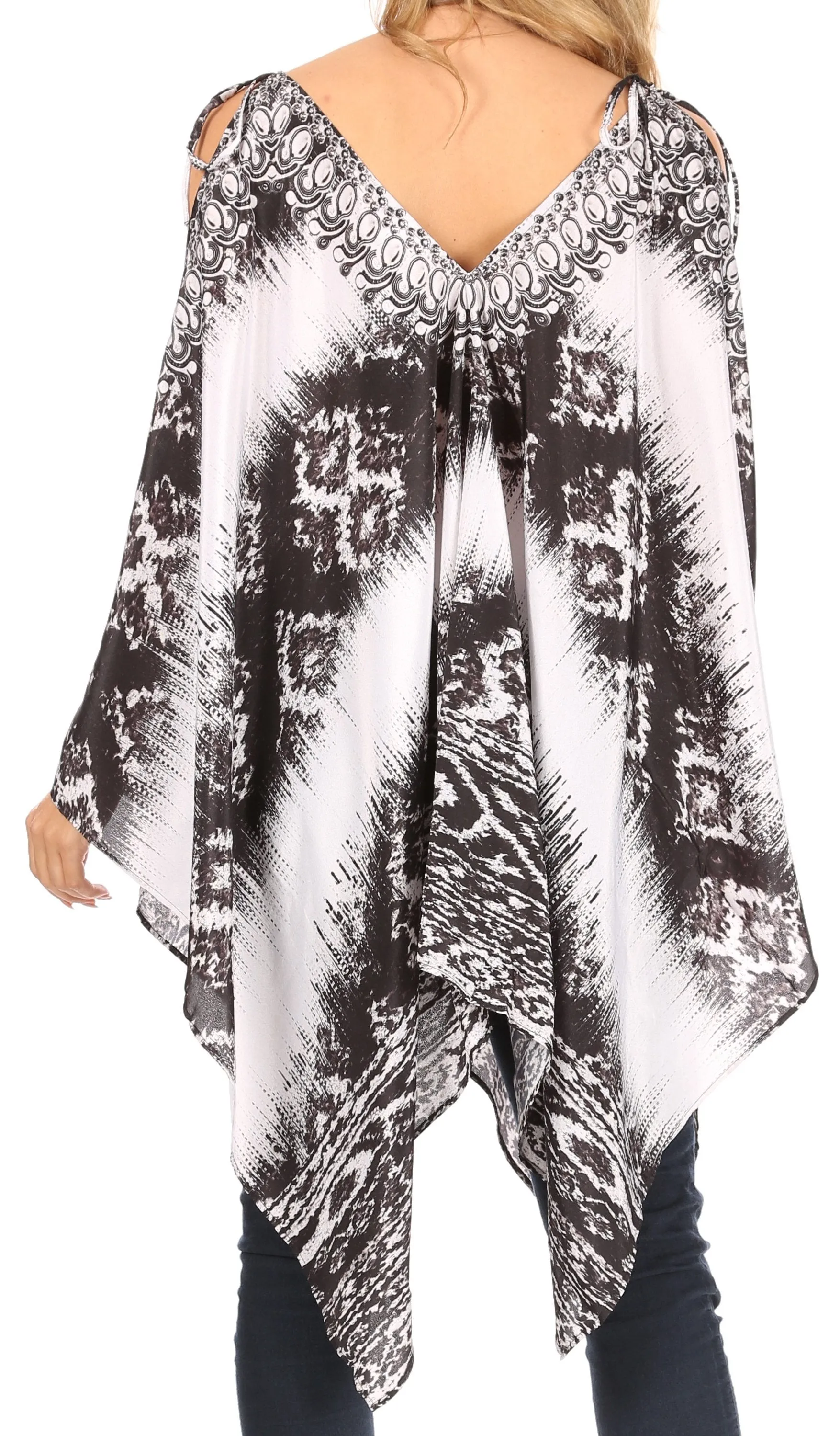Sakkas Zula Sleeveless Asymetrical Top Blouse with Colorful Print and Rhinestones