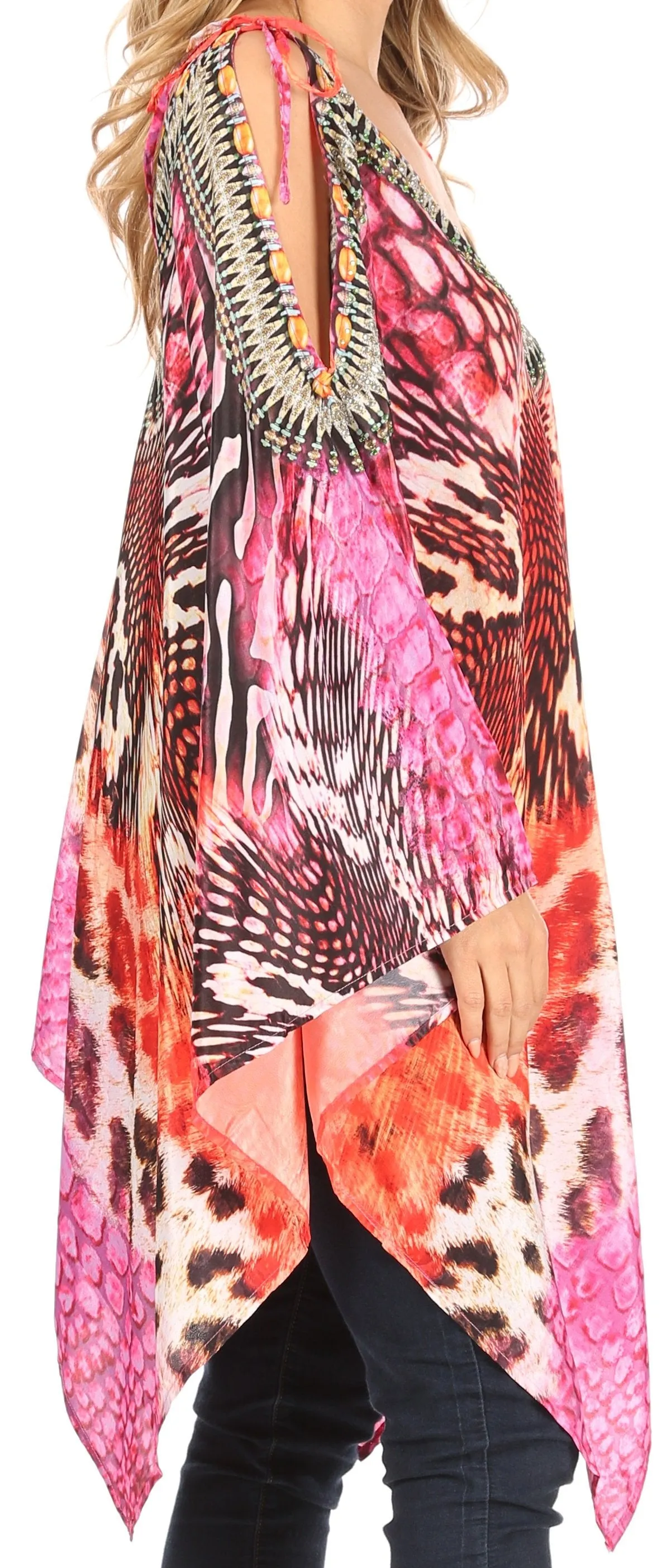Sakkas Zula Sleeveless Asymetrical Top Blouse with Colorful Print and Rhinestones