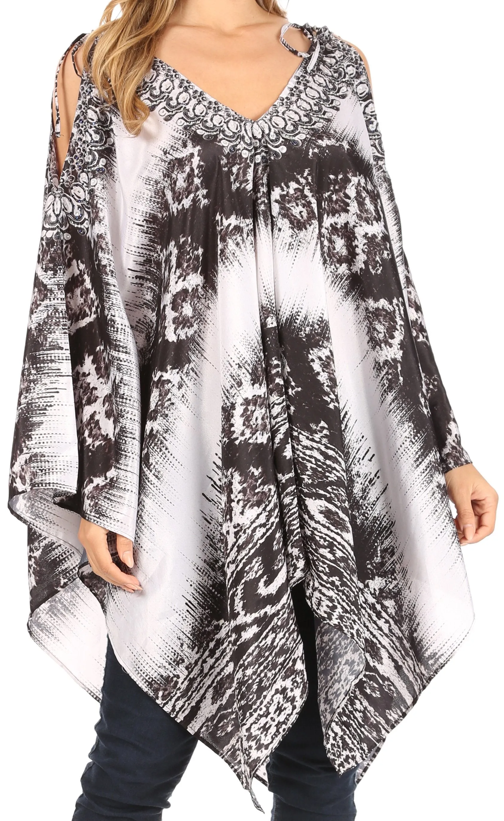 Sakkas Zula Sleeveless Asymetrical Top Blouse with Colorful Print and Rhinestones