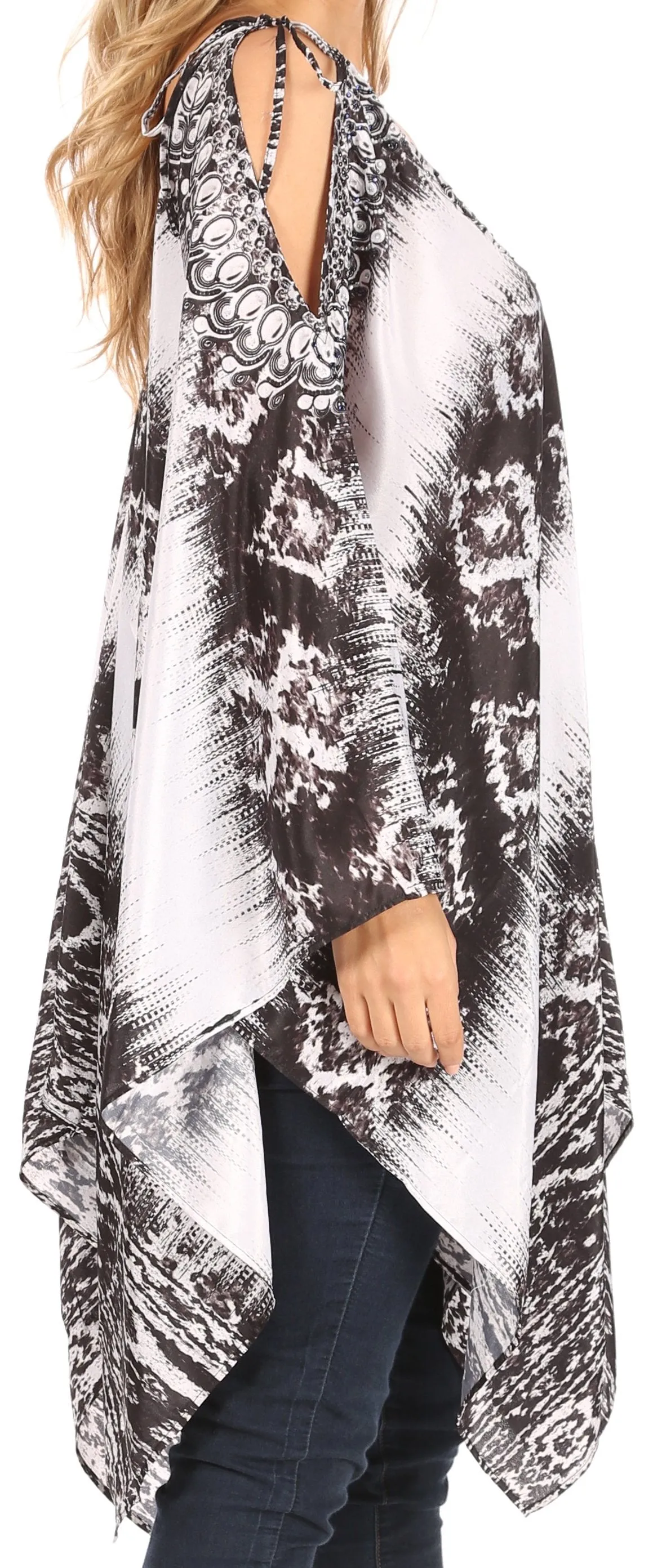 Sakkas Zula Sleeveless Asymetrical Top Blouse with Colorful Print and Rhinestones