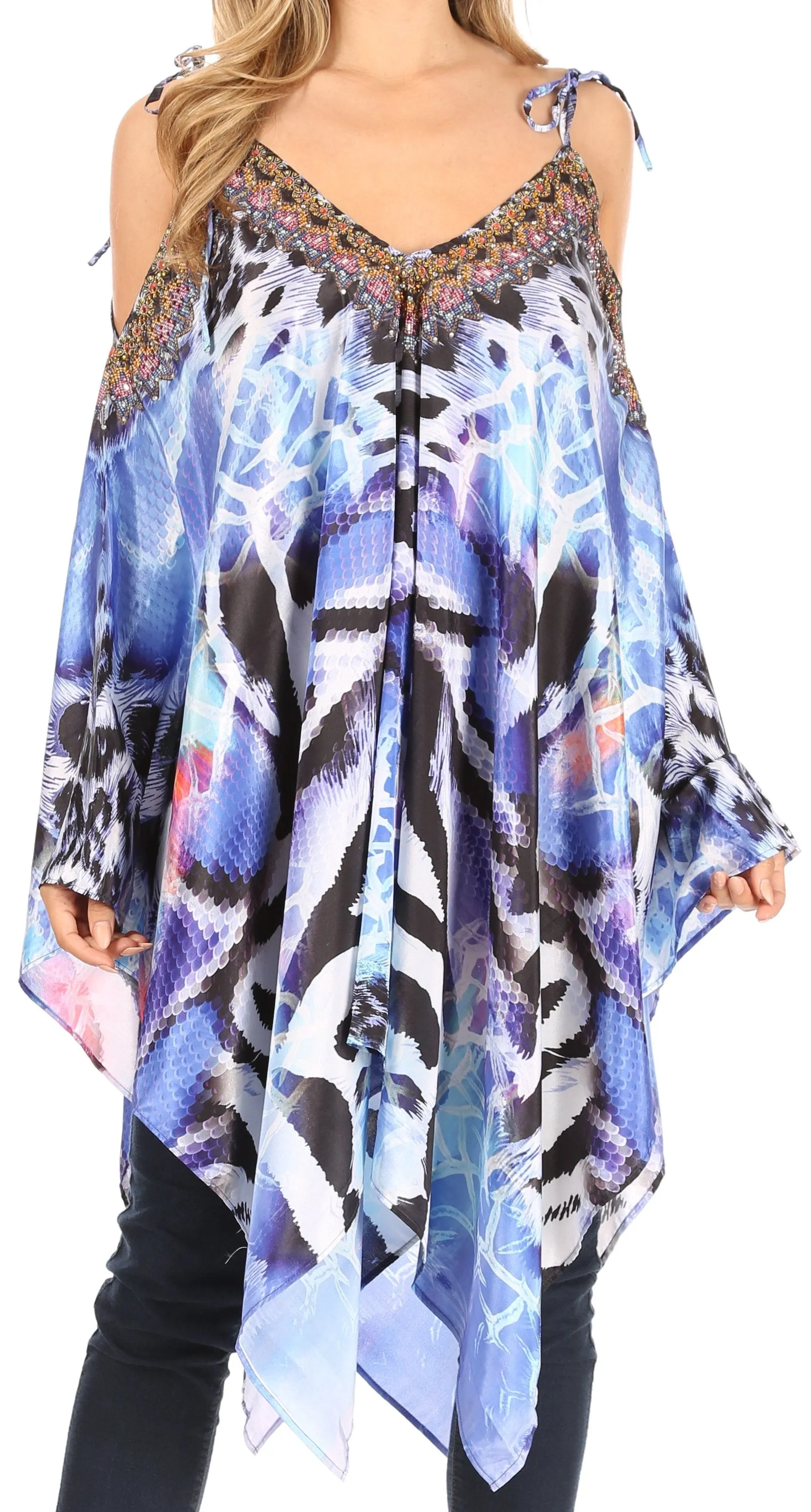 Sakkas Zula Sleeveless Asymetrical Top Blouse with Colorful Print and Rhinestones