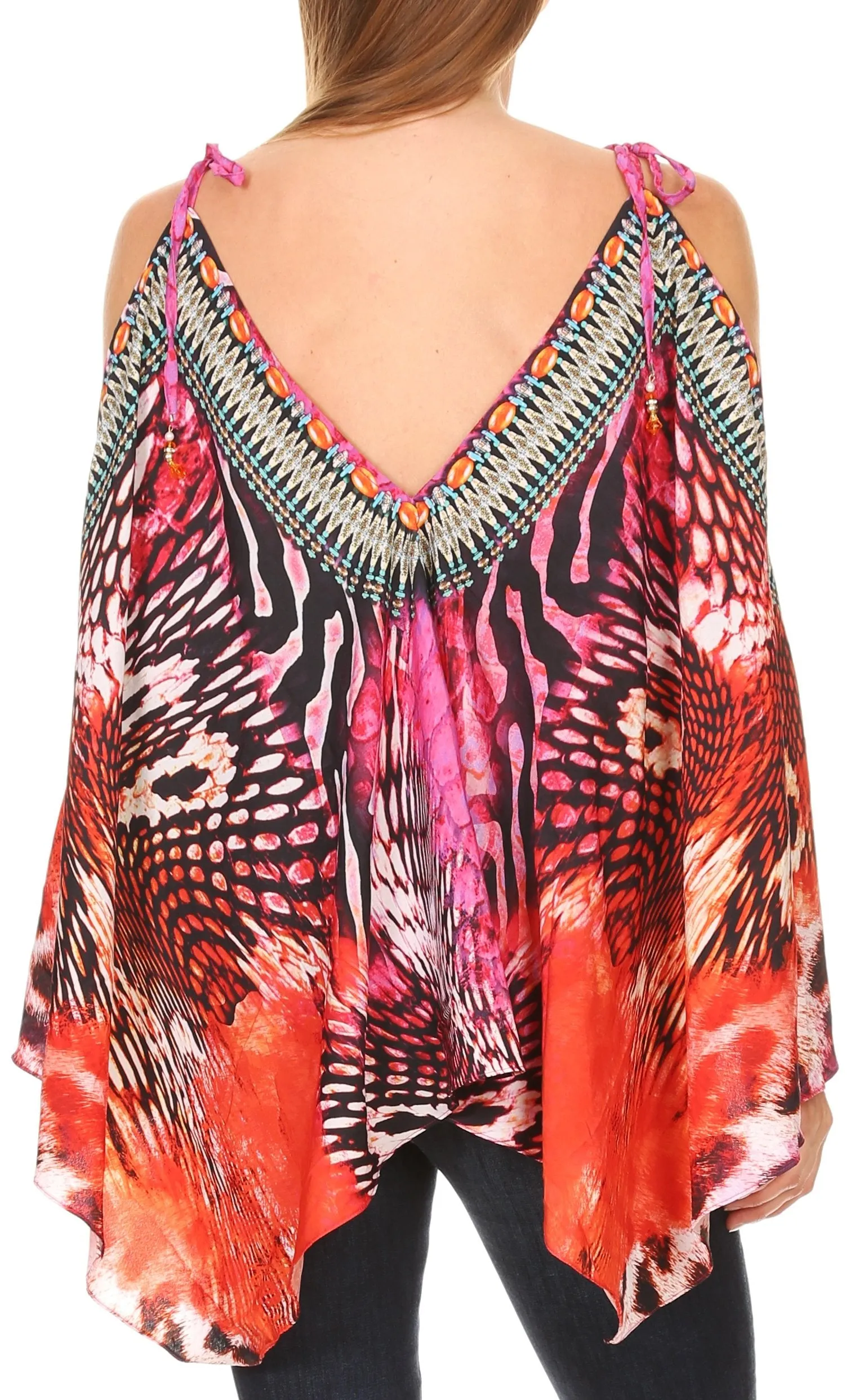 Sakkas Zula Sleeveless Asymetrical Top Blouse with Colorful Print and Rhinestones