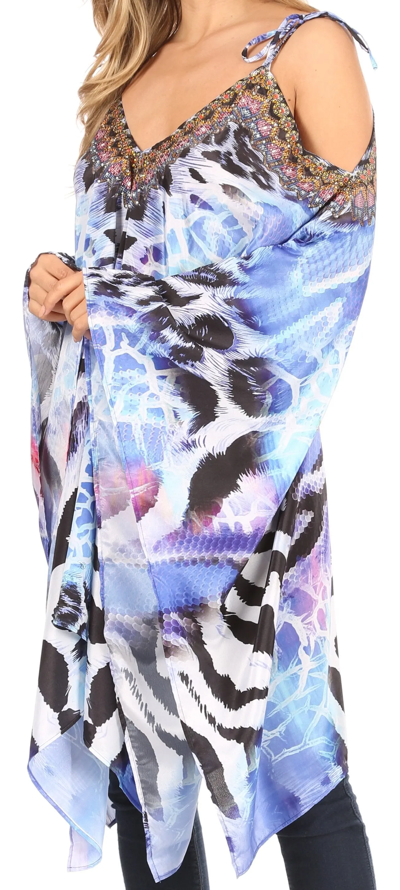 Sakkas Zula Sleeveless Asymetrical Top Blouse with Colorful Print and Rhinestones