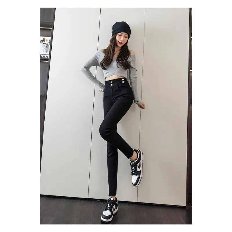 Slimming High-Waisted Black Elasticity Pencil Slim-Fit Jeans