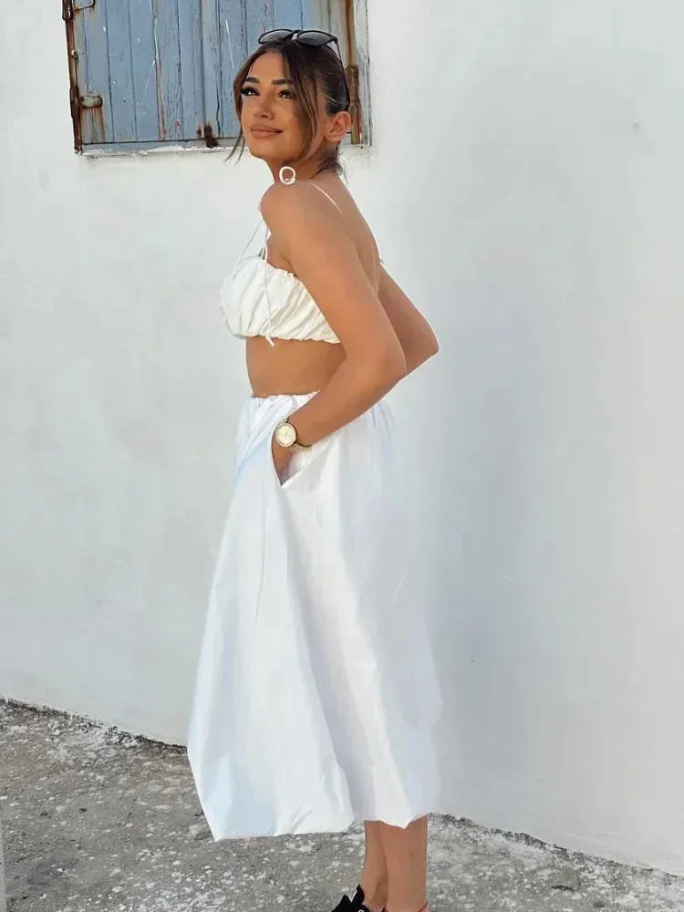 TAVIMART -  Women Sexy White Skirts 2 Pcs Sets Chic Pleated Lace Up Sling Short Tops A-line Long Skirt Suit 2024 Summer High Street Outfit
