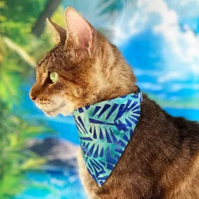 Tropical Cat Bandana - "Blue Lagoon" - Blue Bandana for Cat   Small Dog / Boy Cat, Beach, Ocean, Tiki, Summer, Hawaiian / Slide-On Over the Collar Bandana