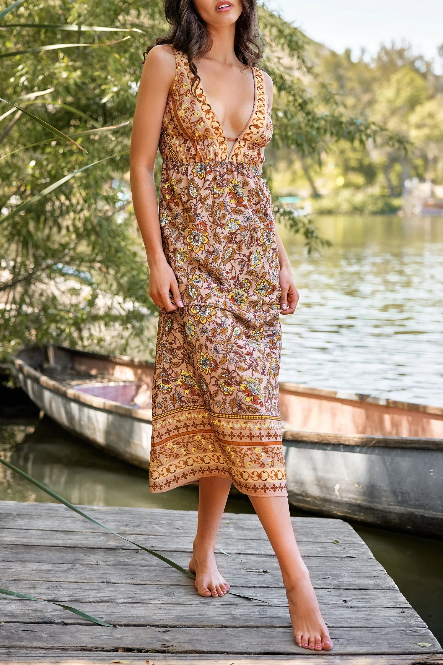 Vacation V Neck Paisley Print Maxi Dress