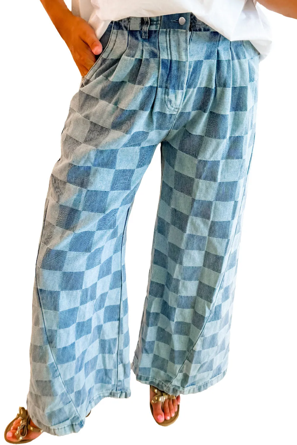 Women's Checkered Denim Wide Leg Jeans