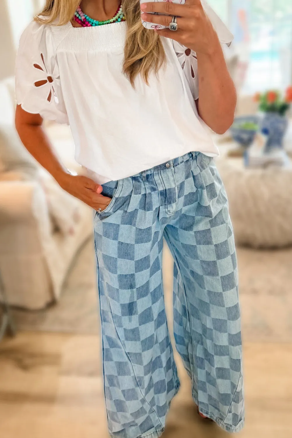 Women's Checkered Denim Wide Leg Jeans