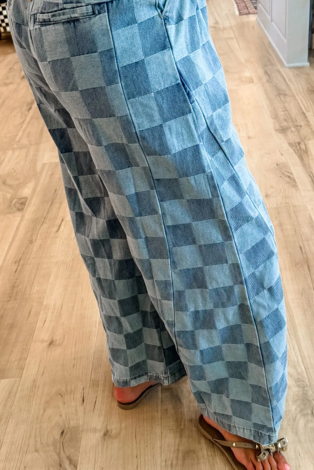 Women's Checkered Denim Wide Leg Jeans